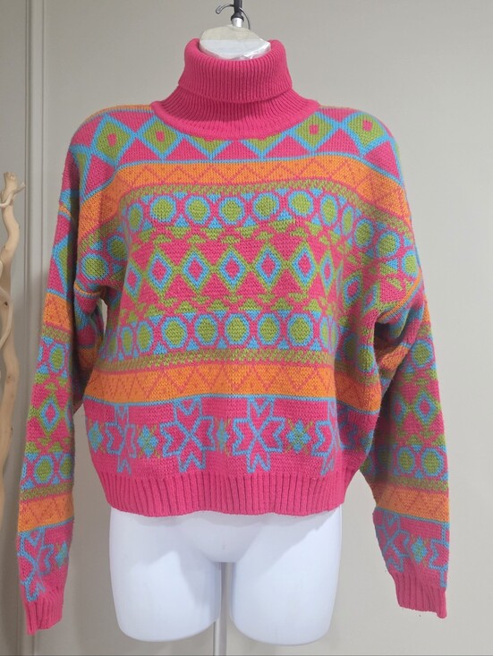 Sweaters - VTG. In Pulse Neon Pink Multicolor Geometric Turtleneck Sweater Sz.L